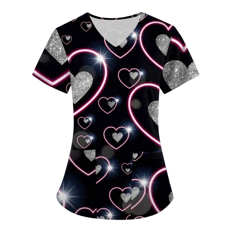 Camiseta con estampado 3d de elementos románticos y de cuidado para mujer, uniforme de enfermera, uniforme de trabajo, Top con bolsillo y cuello en V