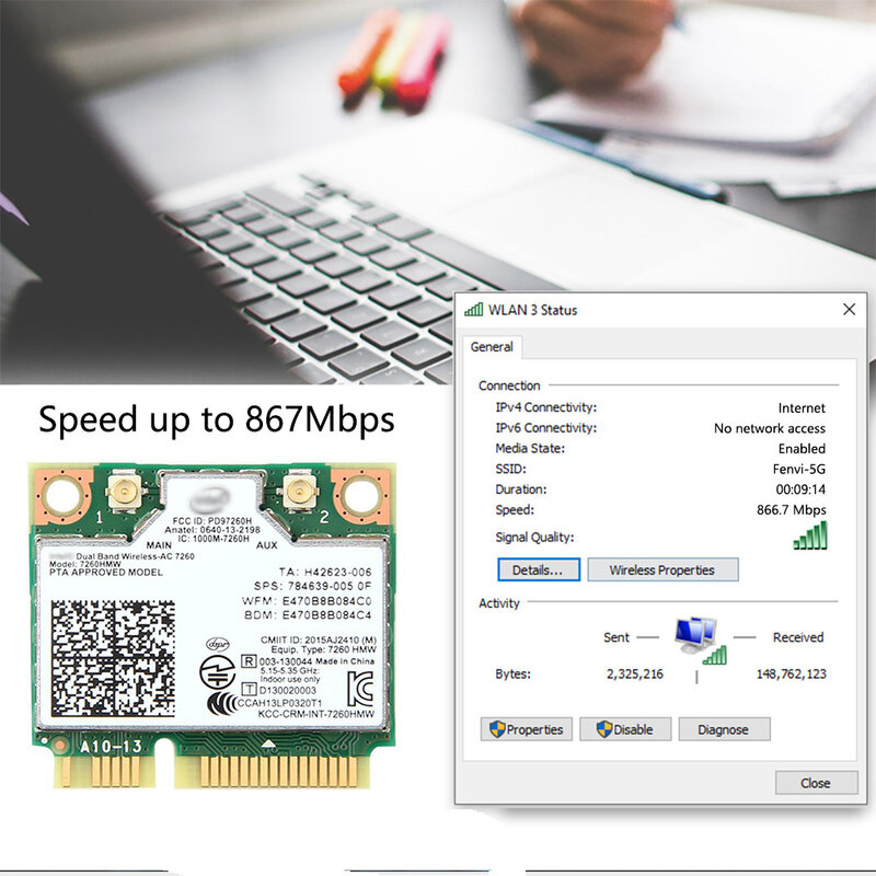 Không Dây Kép Thẻ Cho Intel 7260 7260HMW Ac Mini PCI-E 2.4G/5Ghz Wlan Wifi Bluetooth-tương Thích 4.0 802.11ac/A/B/G Ăng Ten