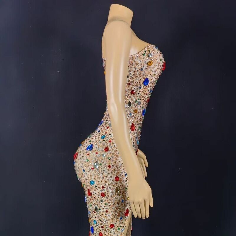 맞춤형 긴팔 메쉬 레이스, 투명 고탄성 스팽글, 섹시한 타이트 드레스, 생일 파티 드레스, 퍼포먼스 드레스