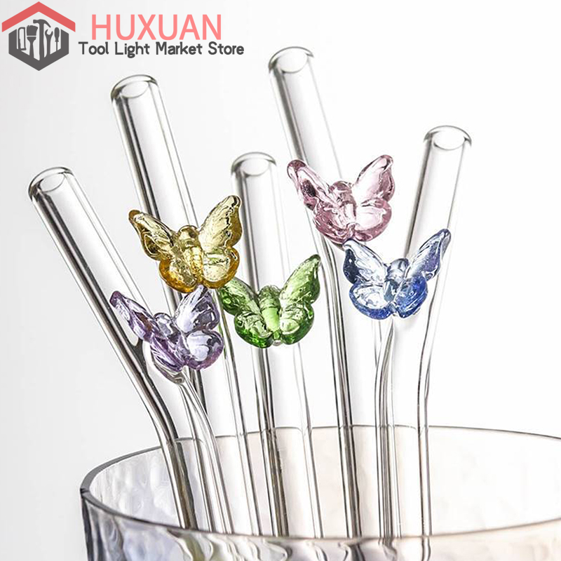Reusable Glass Straws With Butterfly Eco Friendly Drinking Straws With Clean Brush For Smoothies Cocktails Bar Accessory