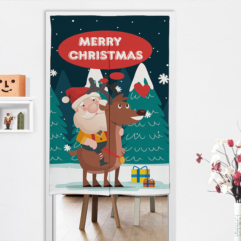 Christmas Printed Doorway Curtain Japanese Split Door Curtain for Kitchen Creative Snowman Xmas Tree Hanging Curtain with Rod
