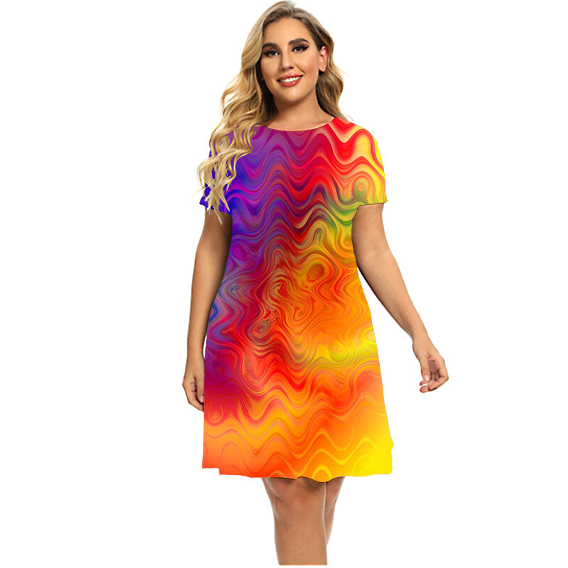Verão moda feminina vestidos para 2023 novo colorido tie dye 3d abstrato vestido de manga curta em torno do pescoço solto roupas plus size