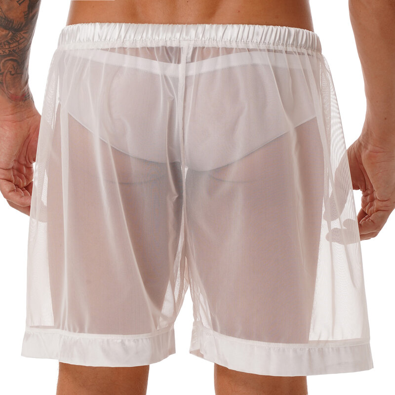 ชุดชั้นในชายตาข่าย Sheer หลวม Fit Boxer กางเกงขาสั้นเลานจ์ชาย Transparents กางเกงว่ายน้ำกางเกงว่ายน้ำ Beachwear ฤดูร้อน