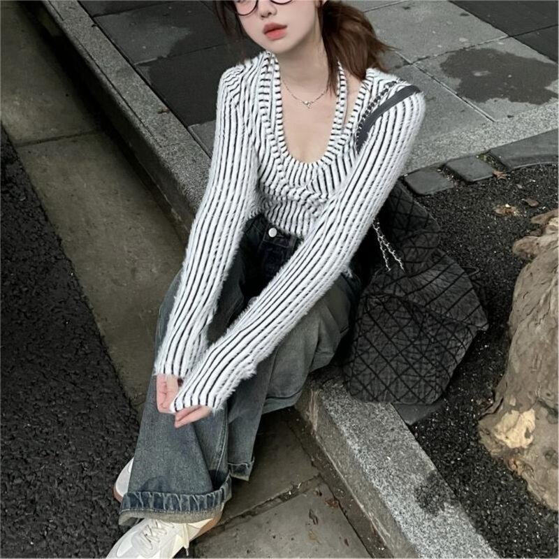 Women Fake 2 Pieces Halter Crop Top Long Sleeve Fuzzy Knit Striped Sweater 10CF