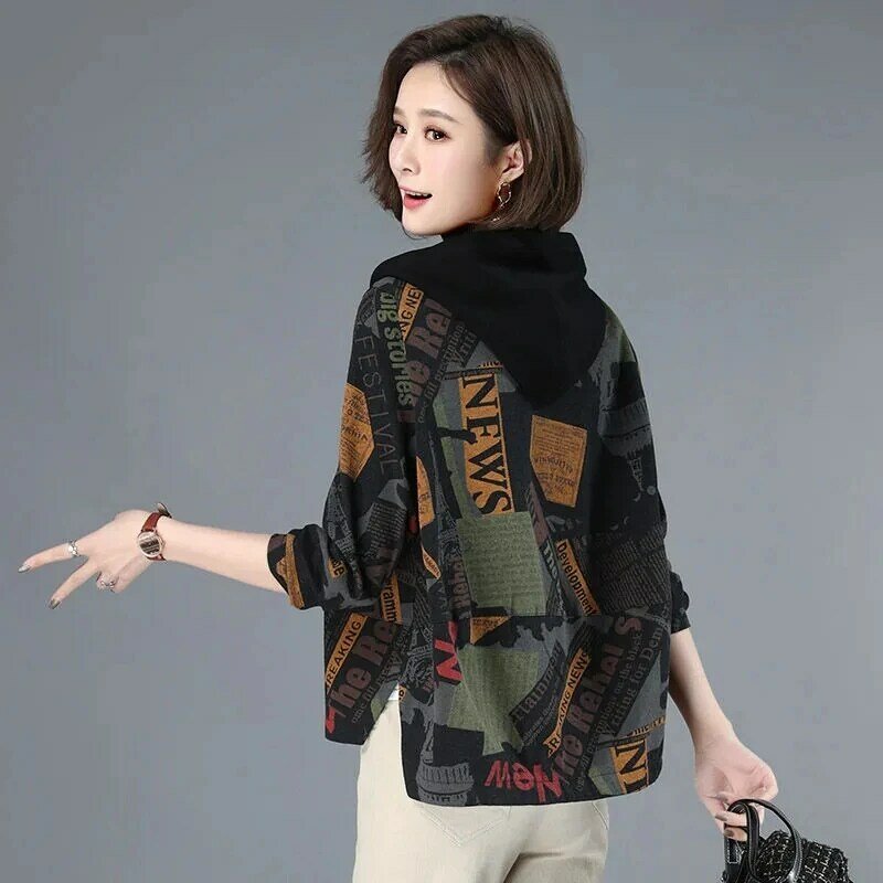 Women's Large Size Printed Short Jacket Hooded Loose Jacket 2024 Spring Autumn New Korean Version Casual Outerwear Top Female