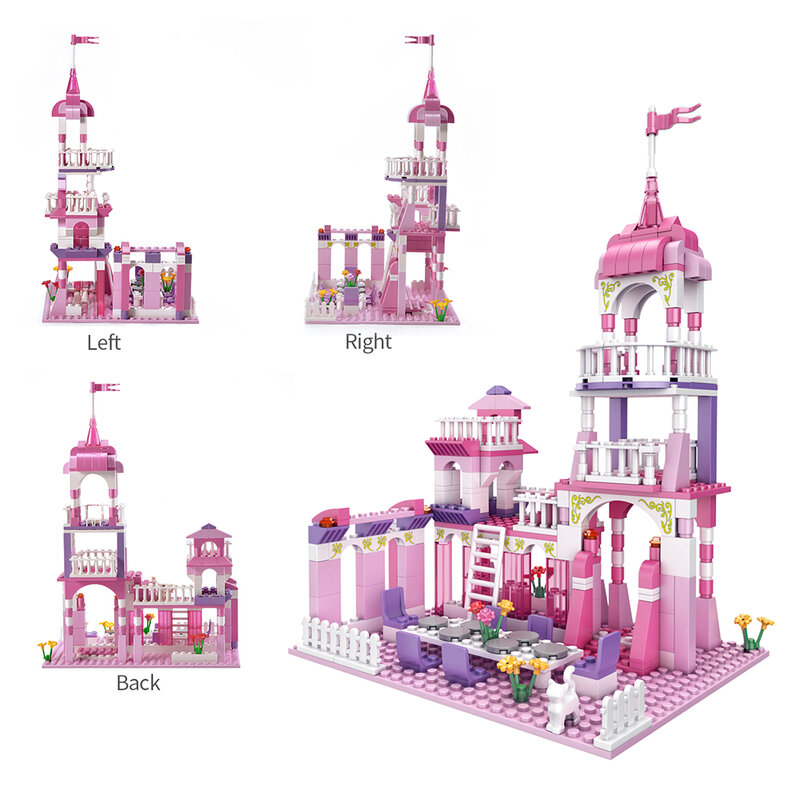 مجموعة نماذج لبنات البناء الوردية ، الهندسة المعمارية الأوروبي ، قلعة القرون الوسطى ، لعبة البناء ، مجموعة الكتل