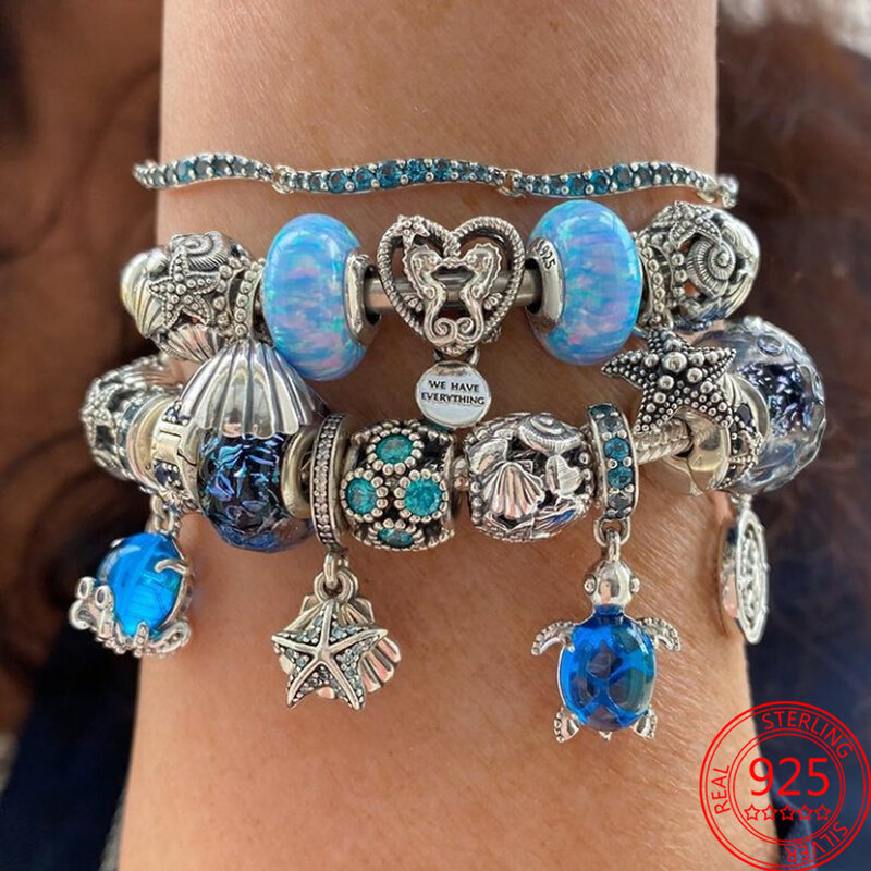 925 Sterling Silver Sea Turtle Dangle Charme para Mulheres, Colorido Vidro Murano, Rosa e Azul, Fits Pandora Bracelet, Jóias Acessórios