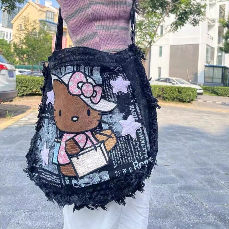 MBTI Y2k tas bahu Hello Kitty wanita, tas kurir mode Harajuku bordir Denim, tas tangan desainer asli Vintage untuk wanita
