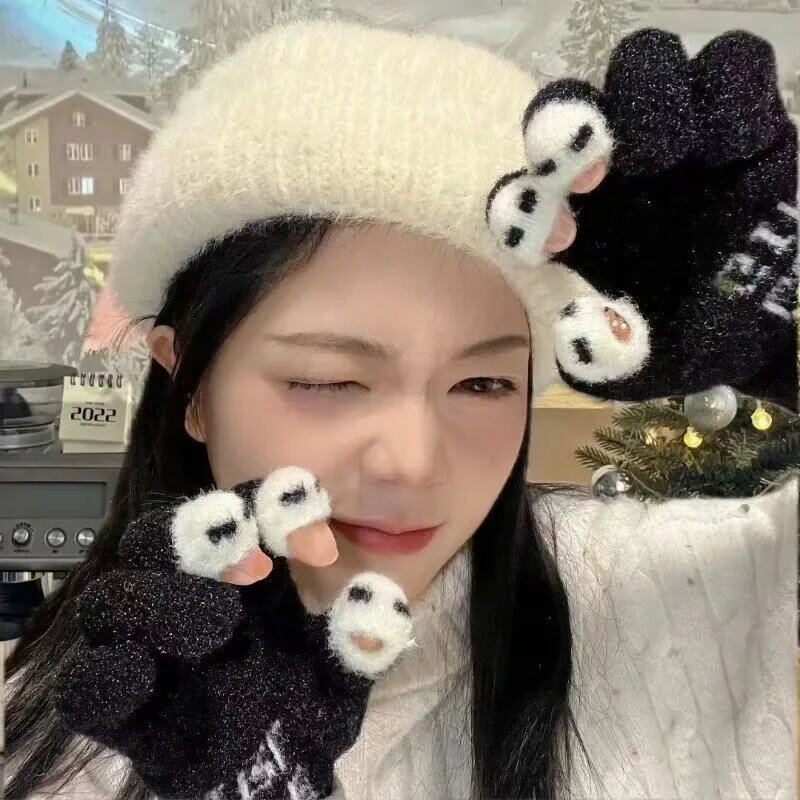 Women Cute Winter Fluffy gloves Panda Fingertip Warm Knitted Fingerless Gloves Wool Touchscreen Phone Girls Full Finger Mittens