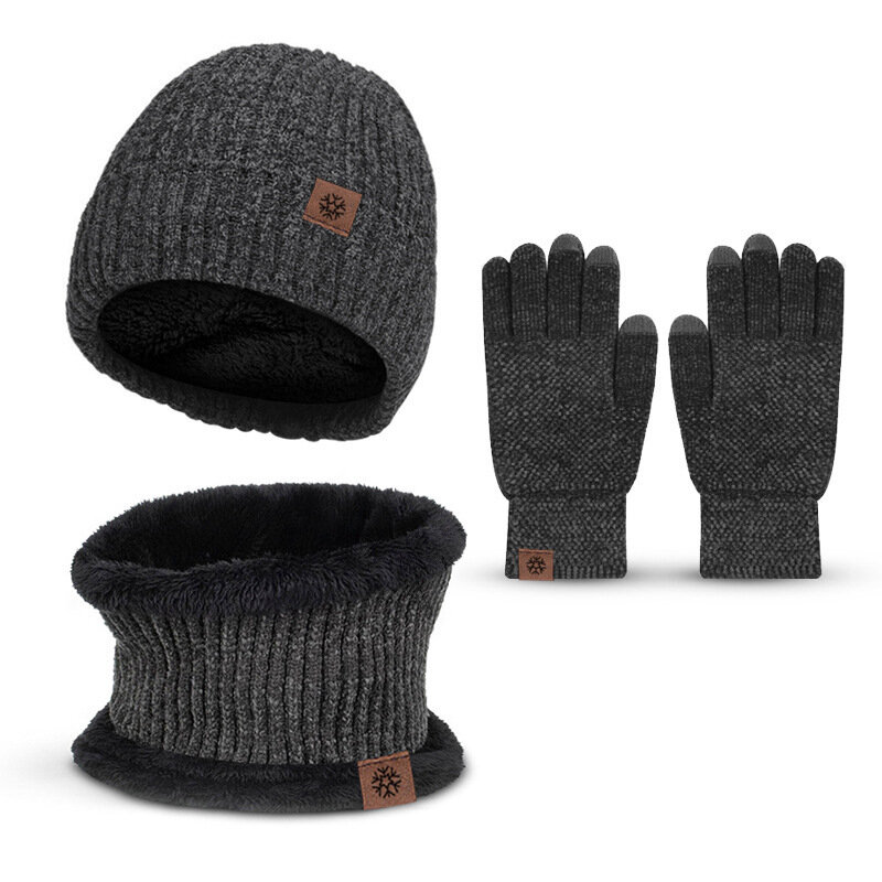 Зимний теплый комплект из шапки и перчаток для сенсорного экрана для мужчин и женщин, шейкер из синели, флисовый уличный ветрозащитный шарф с подкладкой, комплект из трех предметов