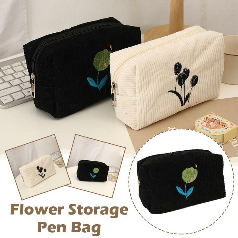 Embroidered Flower Cosmetic Bag Stationery Storage Capacity Student Bag School Pencil Large Bags Korean Pencil Style Case I K2P1