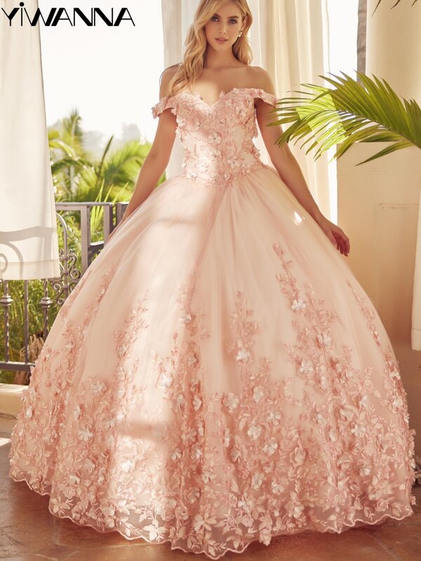 Urocze aplikacje kwiat 3D Quinceanrra suknie balowe eleganckie z odkrytymi ramionami księżniczka długie różowe słodka sukienka 16 Vestidos