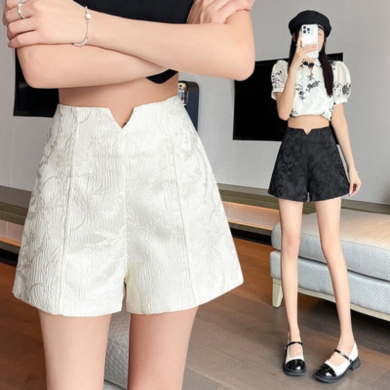 Summer Chinese Style Women High Waisted Slim Beige Black Dobby Flower Shorts , Woman Slim Jacquard Flower Shorts