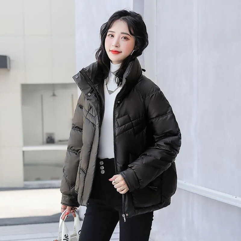 Fall Winter 2023 New Glossy Down Cotton-Padded  Coat  Collar Jacket Women's Short Loose Thickening Warm And Casual Outerwear