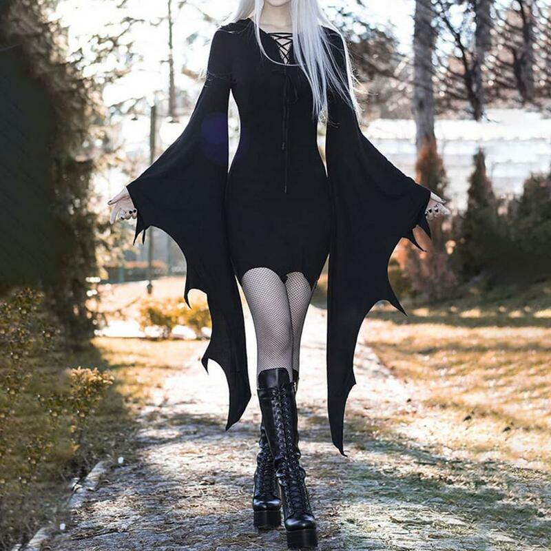 Vestido de Halloween Hem queimado com mangas Batwing, estilo escuro, punho irregular, detalhe com cordões, ajuste fino, cosplay para festa