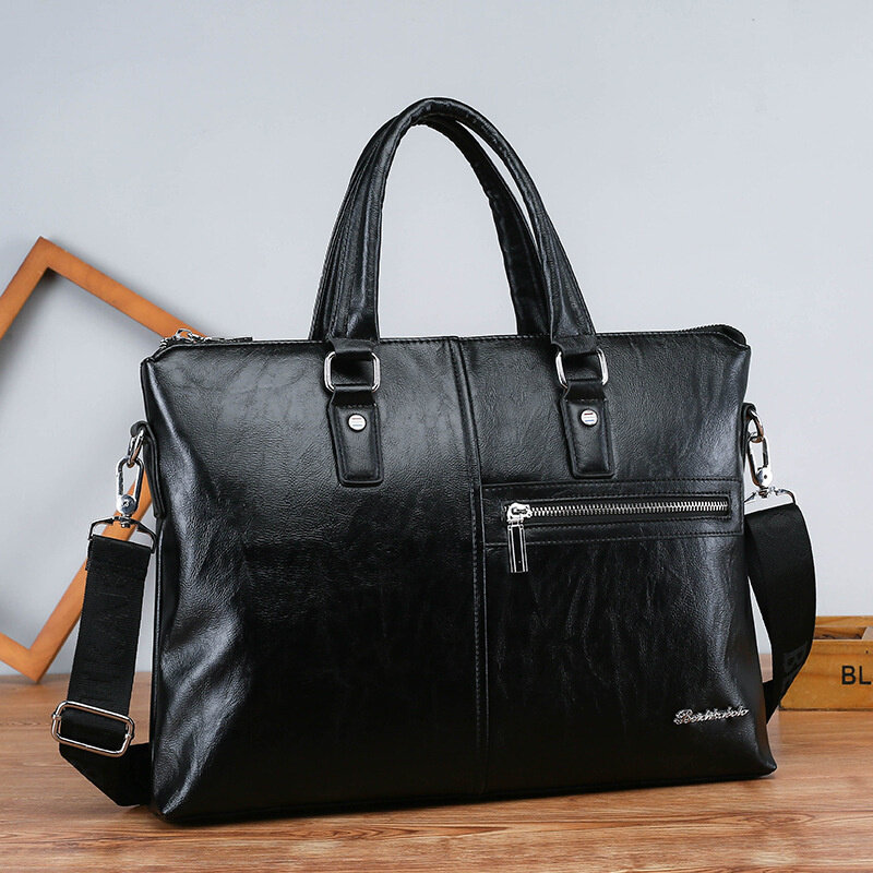 Luxury PU Leather Men Zipper Briefcase Vintage Handbag Business Shoulder Messenger Bag Large Capacity Male Laptop