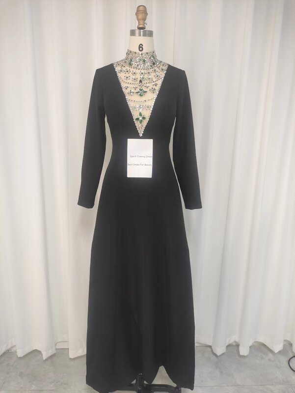 Robe de soirée en cristal à manches longues pour femmes, longue robe de Rhsexy, ligne A, col rond exquis, stérilie 2024