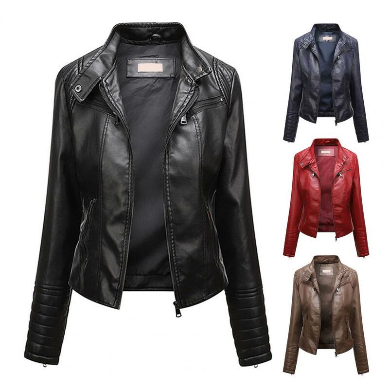Women Solid Color Slim Fit Faux Leather Jacket Stand Collar Long Sleeve Pockets Zipper Placket Biker Coat Thin Style Outwear