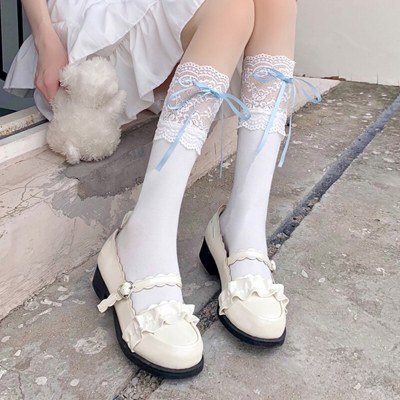 Lolita-calcetines de encaje con volantes para niña, medias con lazo, estilo Ballet, moda japonesa, Kawaii