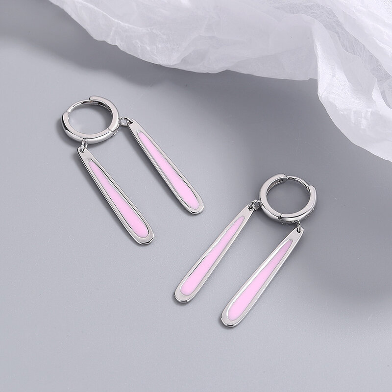 Real 925 Sterling Silver Cute Pink Glaze Animal Rabbit Ears Hoop Earrings For Daughter Girls Birthday Gift Jewelry DK024