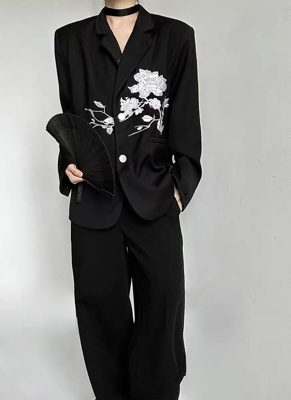 Новый дизайнерский Блейзер Yamamotostyle, повседневный Темно-Синий Свободный черный блейзер с вышивкой китайской розы для мужчин и женщин