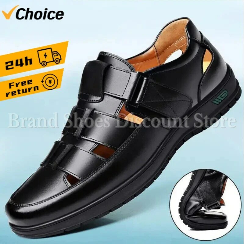 2024 Summer Hollow Leather Shoes Men's Casual Sandals Breathable Hole Shoes Sandals Men Shoes  Sandals