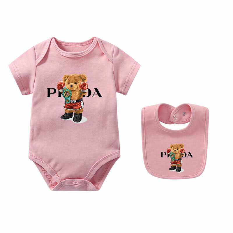 Designer Kids Cute Bear Letters Print Rompers With Bibs Pure Cotton Newborn Baby Jumpsuits For Girls Boys Kids Clothes Bodysuit
