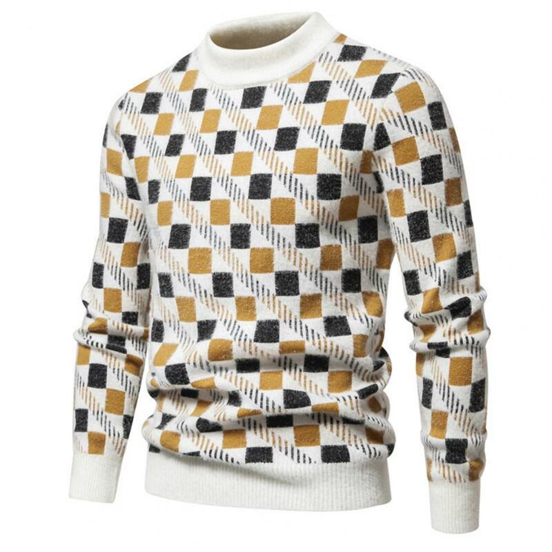 Men Round Neck Sweater Geometric Print Plush Men's Sweater Warm Round Neck Pullover for Business Casual Wear Long Sleeve Men