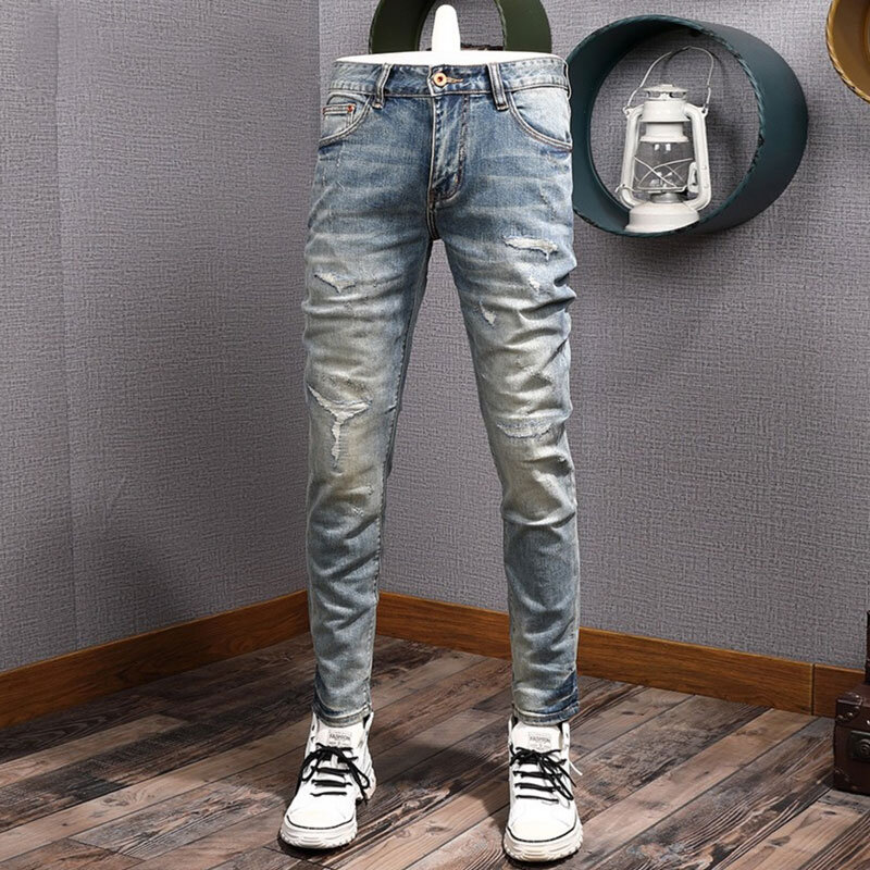 Celana Jeans pria robek mode desainer baru celana panjang pria Jeans Denim antik lukis pas badan biru elastis Retro