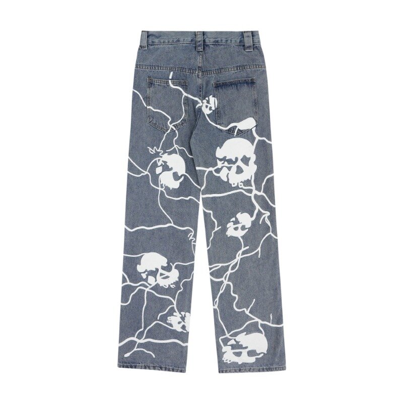 Calças retas masculinas de hip-hop jeans de crânio estampadas, calças personalizadas, europeias e americanas, High Street, Y2K