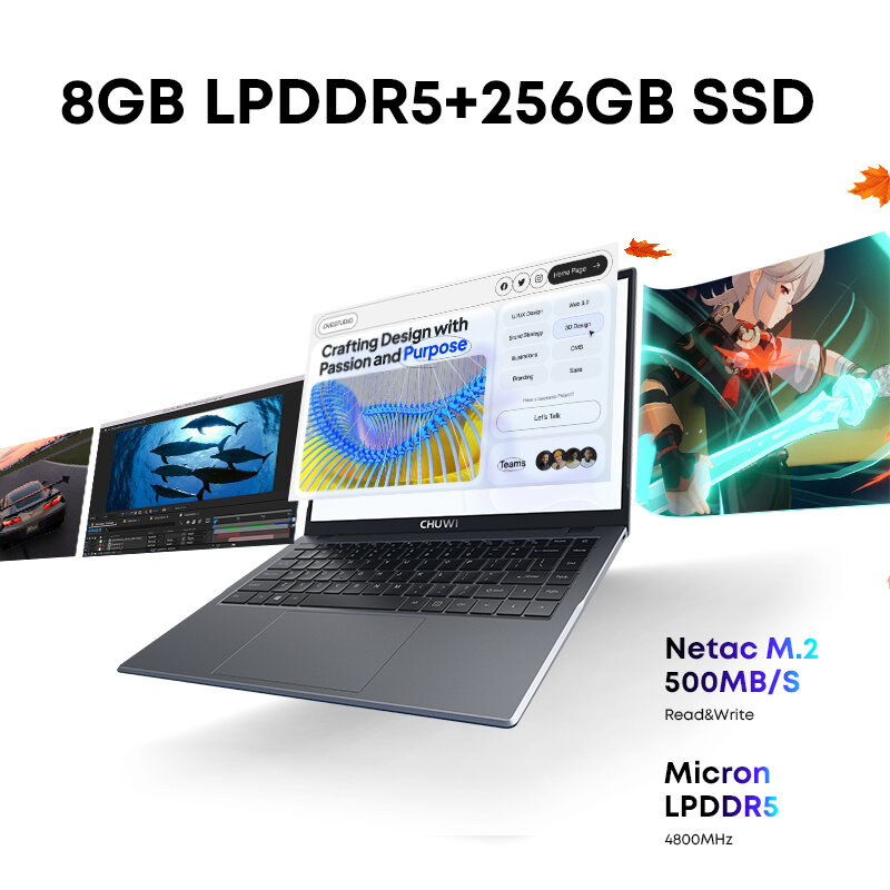 CHUWI GemiBook XPro Laptop Intel N100 Graphics 600 GPU, layar 14.1 inci 8GB RAM 256GB SSD dengan kipas pendingin Notebook Windows 11