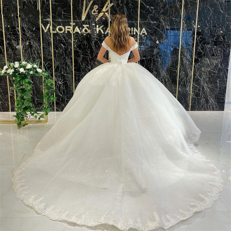 Elegant Off The Shoulder Wedding Dress For Women Lace Appliques Glitter Tulle Luxury Bridal Gowns V Neck A-line Robe De Mariée