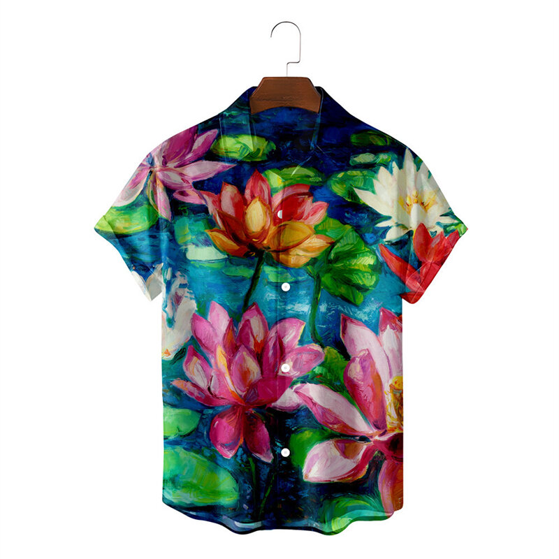 Kemeja grafis bunga pantai Hawaii, pakaian untuk wanita, garis pohon kelapa Hawaii, motif 3D, kemeja liburan lengan pendek