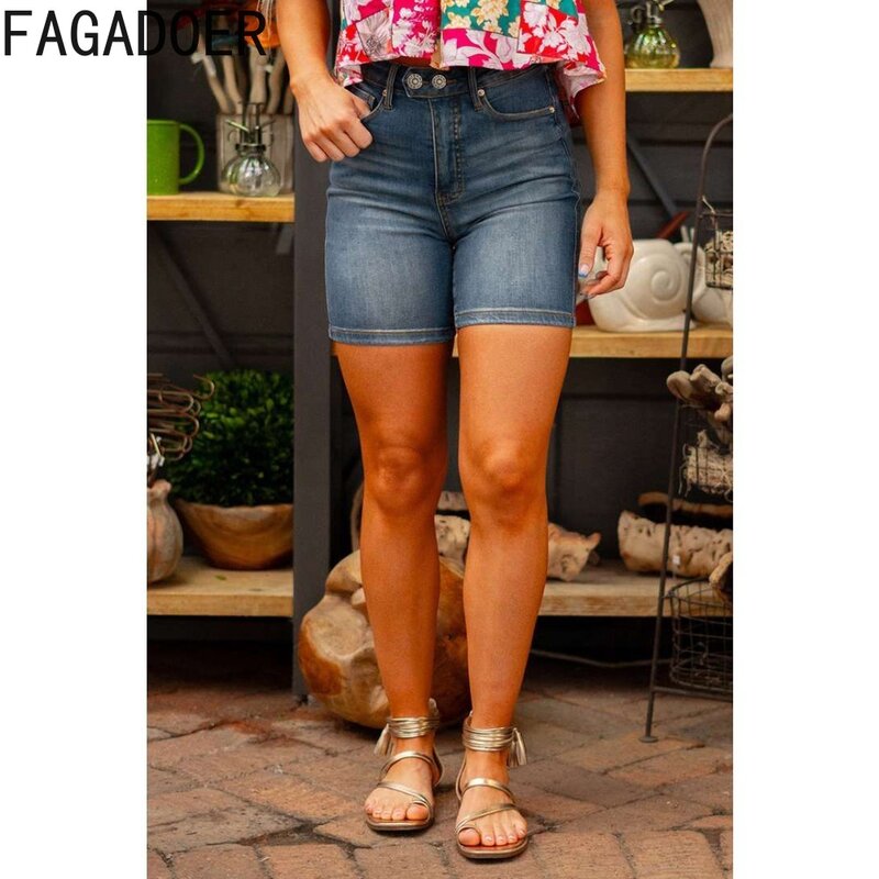 FAGADOER Summer New Denim Skinny Shorts Women High Waist Button Pocket Jean Shorts Casual Female Basis Simplicity Cowboy Bottoms