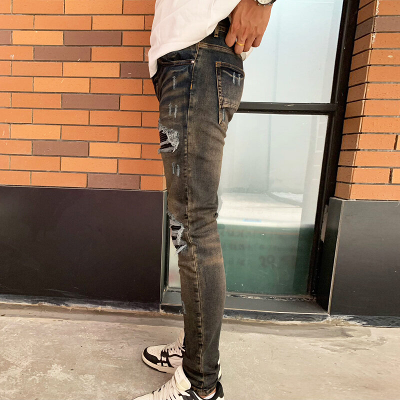 High Street Fashion Jeans Vintage pria, elastis ketat terbelah biru hitam desainer Panel kulit Hip Hop merek P
