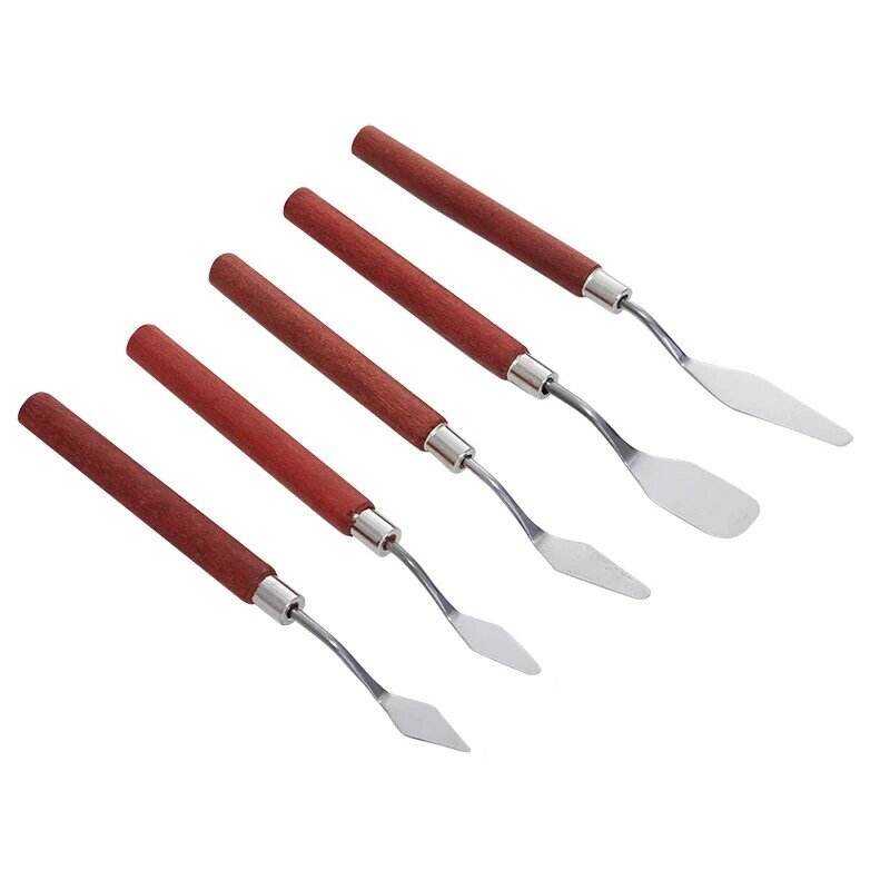 5 buah pisau lukis Spatula pegangan kayu pisau palet untuk pisau lukisan minyak
