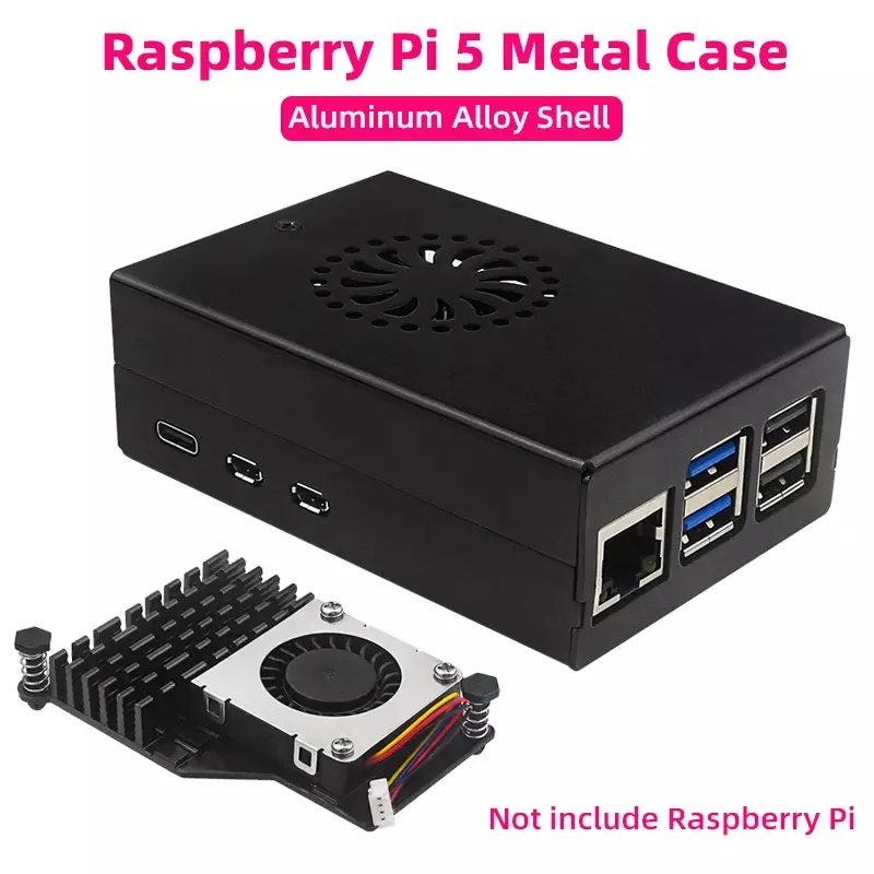 Caixa em liga de alumínio para raspberry pi 5, caixa metálica compatível com cooler ativo, para rpi 5 pi5
