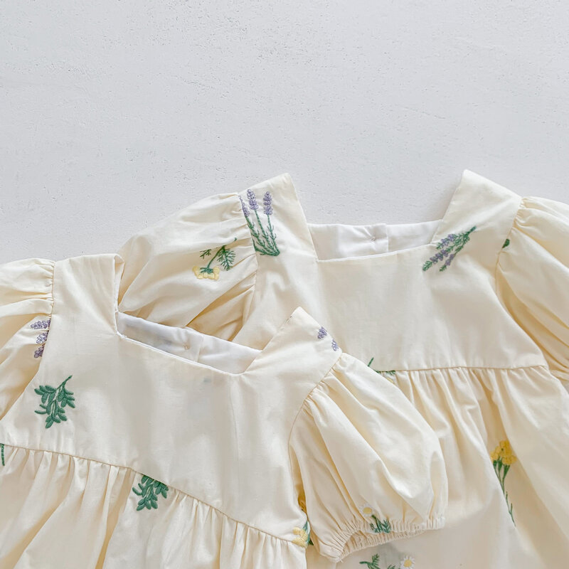 Ropa de algodón con manga abullonada bordada para bebé, trajes de vestir para niños pequeños, vestidos de 아동복 복