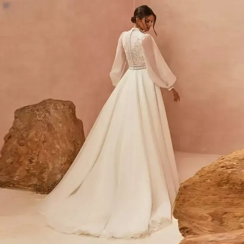 Vestido de noiva em renda para noiva, mangas compridas, vestido de noiva, apliques A, design simples, França, 2023