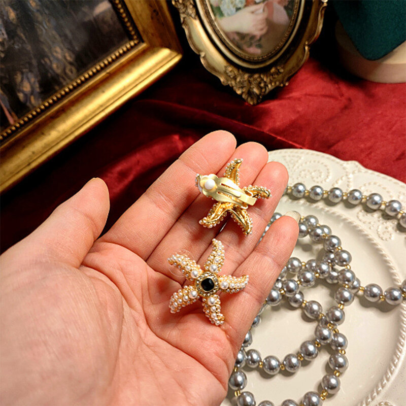 Broche de estrella de mar y Perla Vintage para mujer, ramillete, pendientes de clip para la oreja de plata 925, conjuntos de joyería para niña, conjunto para mujer