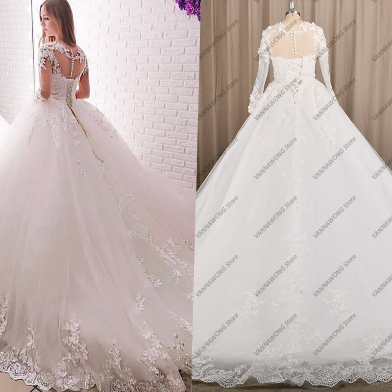 7251# Puffy 100% Real Photos Illusion O-Neck Lace Long Sleeve Applique Sequined Princess Ball Gown Wedding Quinceanera Dresses