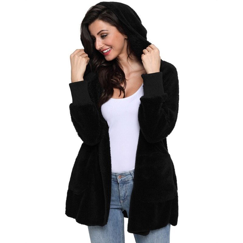 Mantel Bulu Panjang Wanita Jaket Bertudung Buka Depan Longgar Jaket Bulu Imitasi Kerah Tebal Mantel Wanita Hangat dengan Saku Ganda