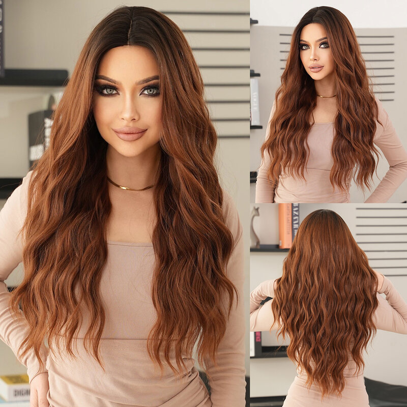 NAMM Loose Body Wave Middle Part Brown Wigs With Dark Roots High Density Synthetic Layered Hair Wigs For Women Daily Use