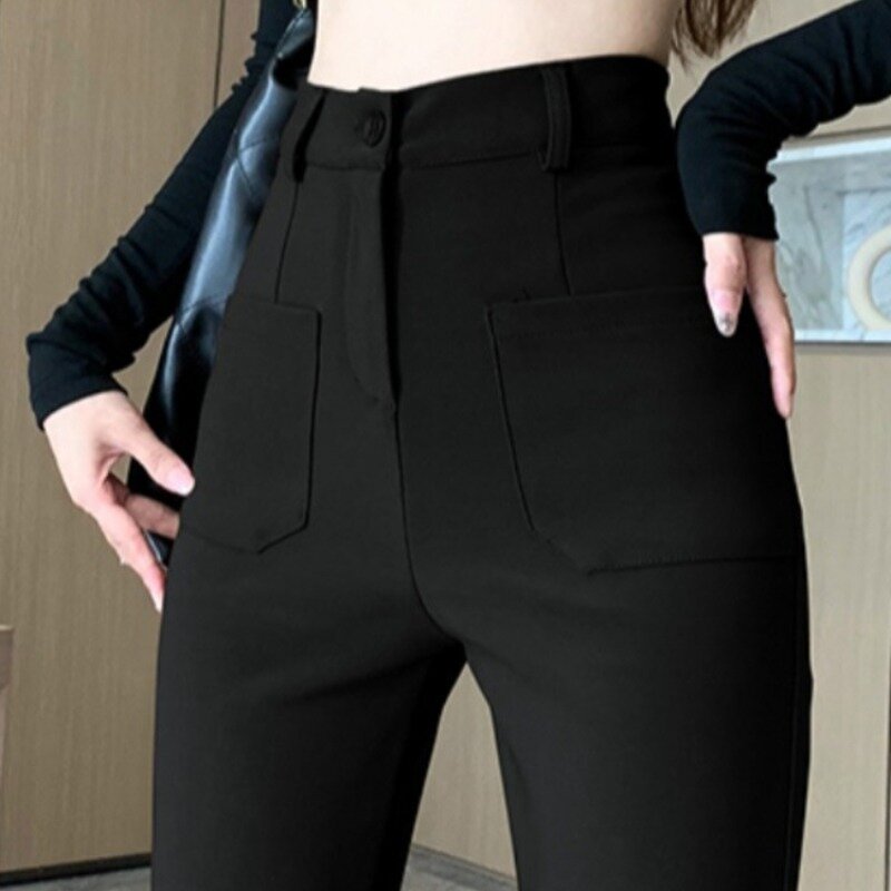 Облегающие расклешенные брюки для женщин, винтажные повседневные модные Универсальные шикарные повседневные Простые весенние черные брюки для девушек в Корейском стиле