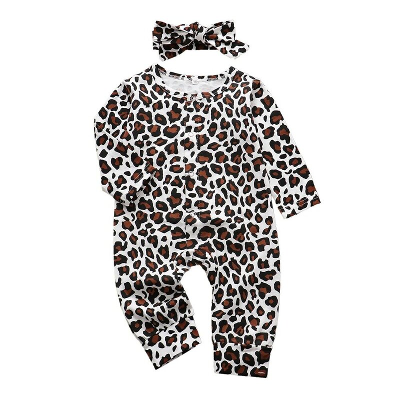 Setelan baju monyet bayi perempuan baru lahir, pakaian Jumpsuit 2 potong baju monyet katun macan tutul lengan panjang + ikat kepala musim gugur untuk balita perempuan