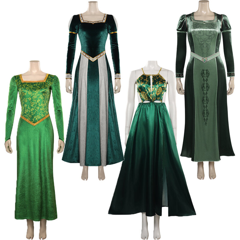 Fiona-Costume de Cosplay de Princesse pour Fille, Longue Robe de Soirée Verte, Tenue de Carnaval d'Halloween, Déguisement Imbibé