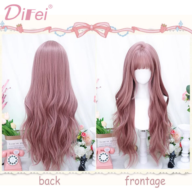 DIFEI Synthetic Wig Long Curly Hair Female Second Lolita Full Head Ash Pink Full Head Cos Long Curly Hair