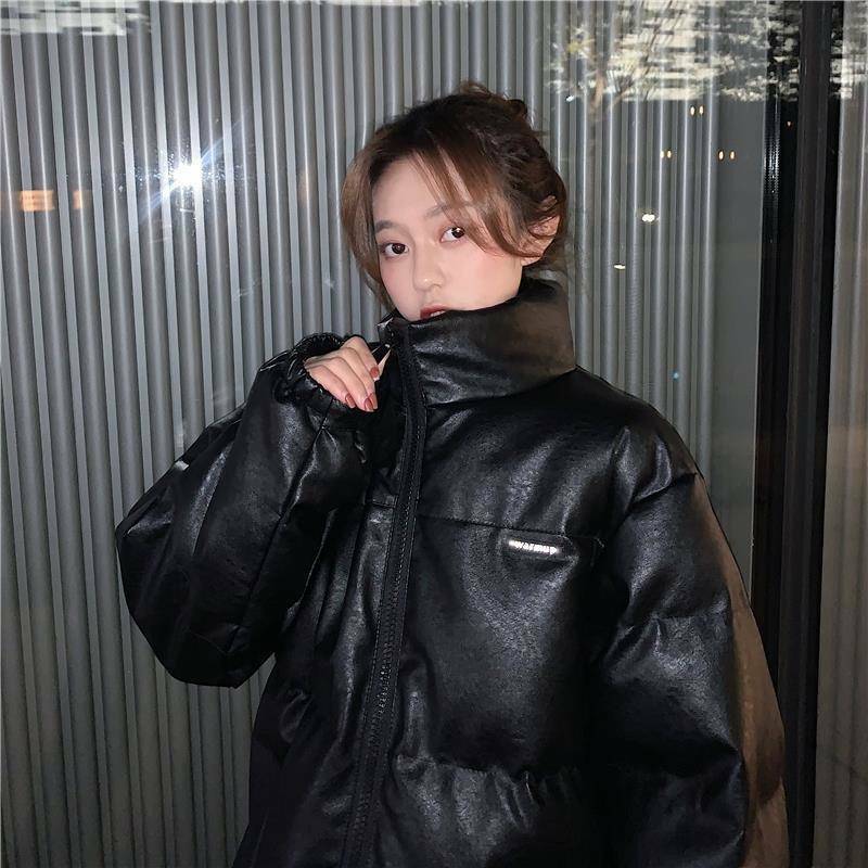 Parkas de estilo coreano para mujer, prendas de vestir gruesas y sueltas de cuero Pu, a la moda, con cuello alto negro y bolsillos, cálidas y holgadas para oficina