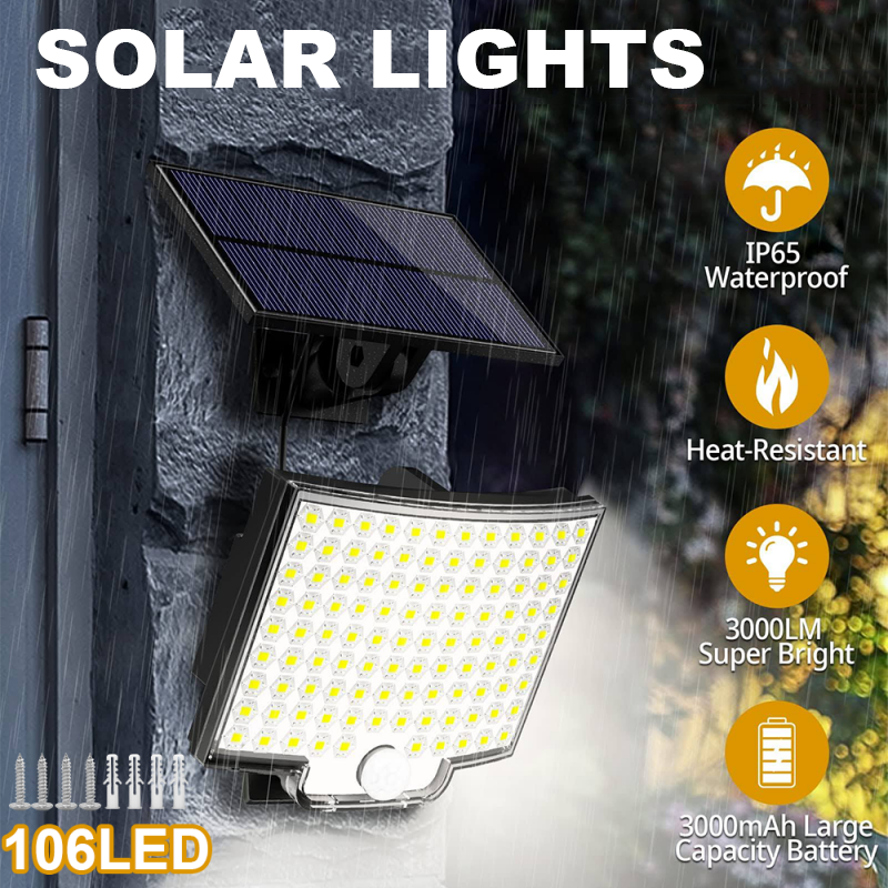 Lâmpada solar impermeável com sensor de movimento pir, luz exterior, luz parede, lâmpada jardim, com 3 modos de iluminação, 106led