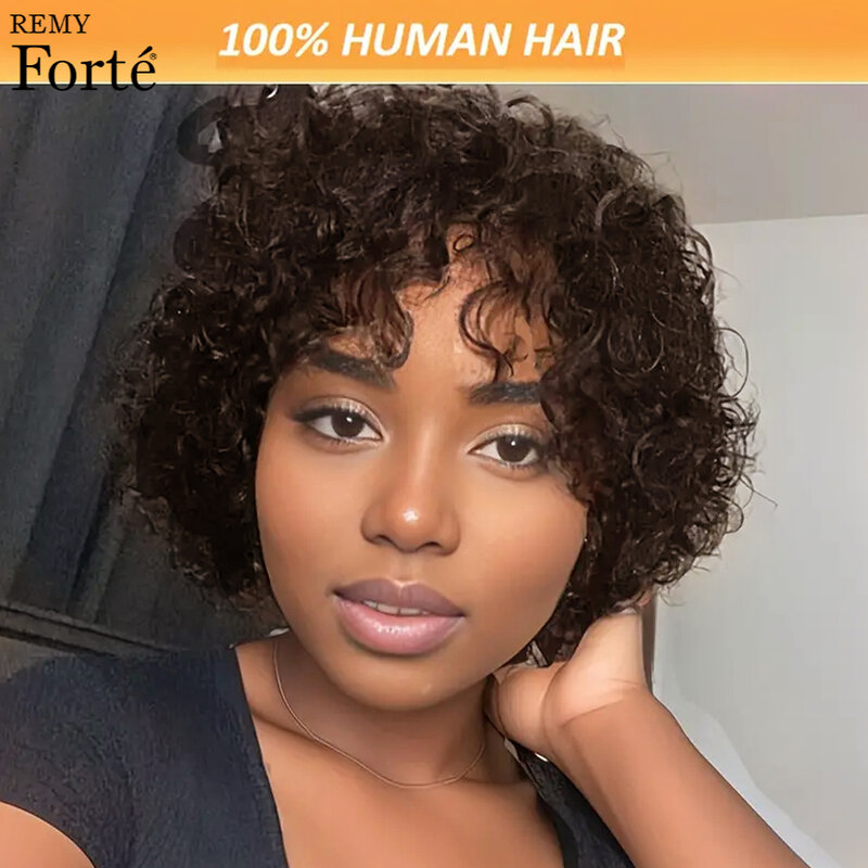 Peluca de cabello humano rizado con corte Pixie para mujer, pelo Remy, hecho a máquina, marrón, Afro, rizado